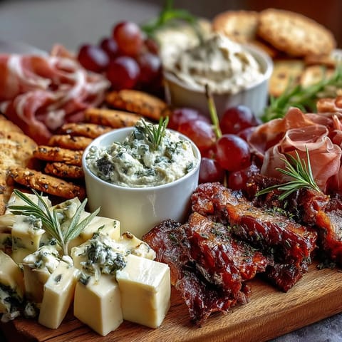 Housewarming Party Charcuterie Board with Dips and Crackers: Vibrant spread of cured meats, cheeses, and fresh produce on a large wooden board.