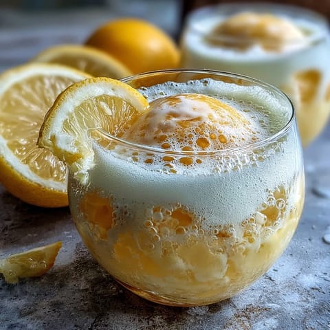 Elegant Italian Limoncello sorbet float topped with chilled sparkling water, served with a spoon for easy enjoyment.  