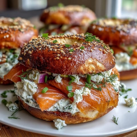 A vibrant spring brunch spread with smoked salmon bagels, cream cheese, and fresh garnishes on a large wooden board.