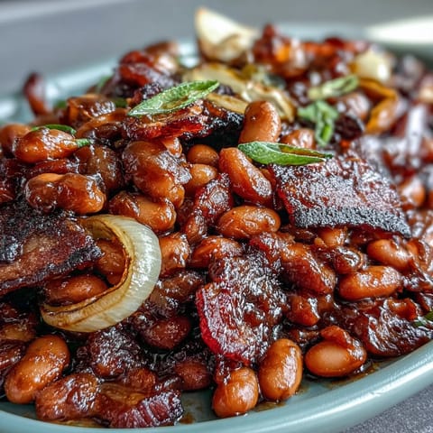 Summer BBQ baked beans with brown sugar and bacon in a cast iron skillet, topped with crispy bacon and bubbling sauce.