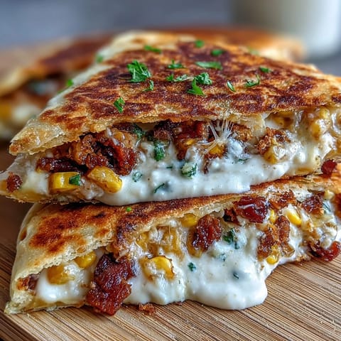Festive Cinco de Mayo street corn quesadilla with roasted corn, melty cheese, and smoky chipotle crema for dipping.