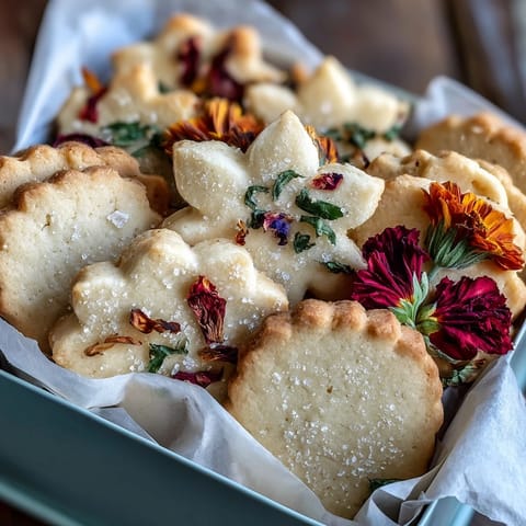 Floral shortbread cookies with edible flowers arranged in a gift box for Mother's Day.  