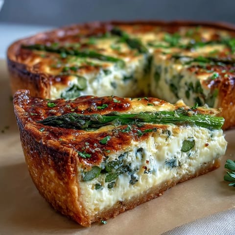 Beautiful asparagus and Brie quiche, golden and flaky, ready for a Mother's Day brunch celebration.
