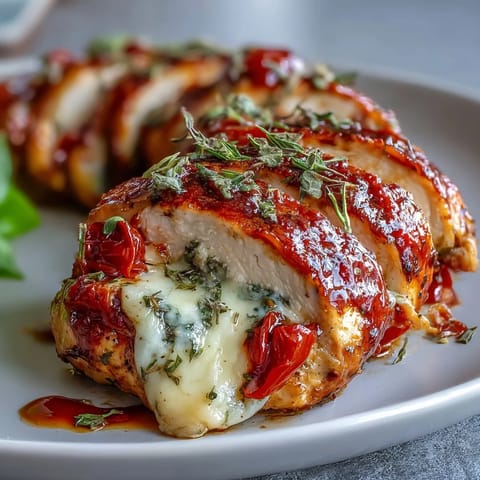 Caprese stuffed chicken breast with mozzarella, tomatoes, and fresh basil, baked golden and drizzled with balsamic glaze.