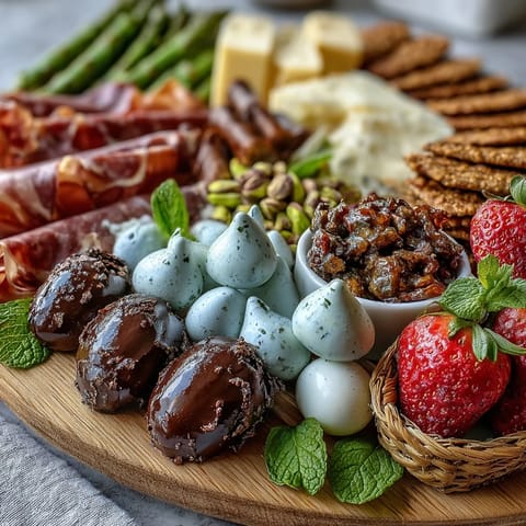 Festive Spring Charcuterie board with mini Easter baskets filled with cheeses, meats, and colorful fruits, perfect for seasonal gatherings.