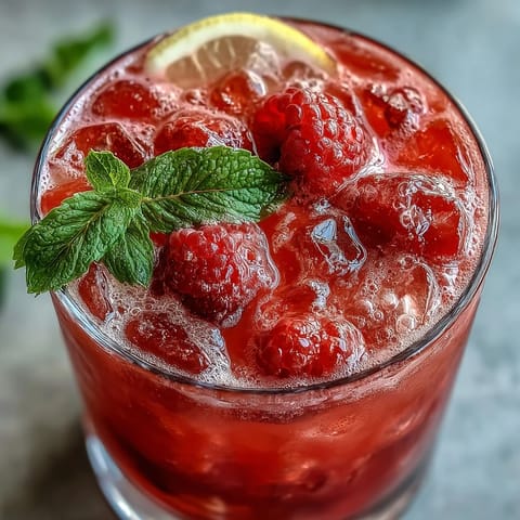 Refreshing raspberry lemon spritz mocktail with fresh berries and zesty lemon slices in a sparkling glass.