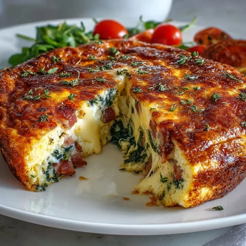 Fluffy baked frittata loaded with ham, Swiss cheese, and fresh spinach, ideal for brunch or meal prep.  