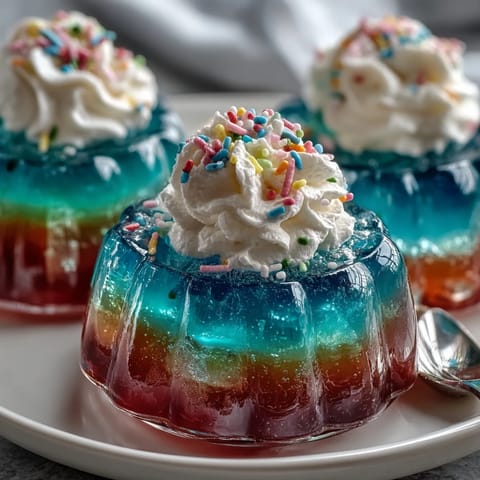 Vibrant Rainbow Jello Cups for Kids, layered in clear cups with bright red, orange, yellow, green, blue, and purple Jello, topped with fluffy whipped cream and rainbow sprinkles.