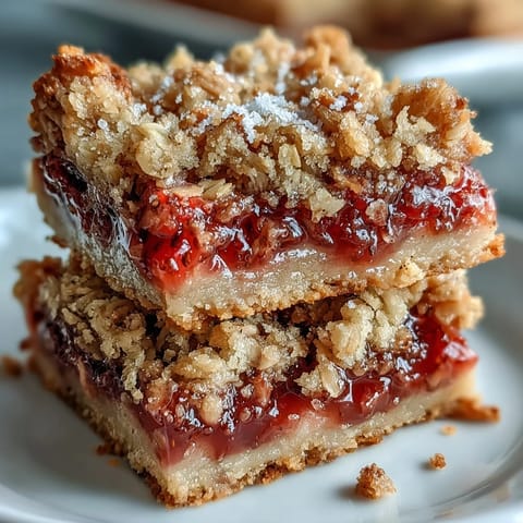 Golden strawberry rhubarb crumble bars, bursting with tangy fruit and buttery oat topping.