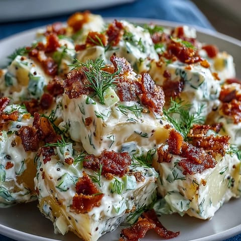 Memorial Day Potato Salad with crispy bacon and fresh dill, ready for picnic serving on a sunny day.
