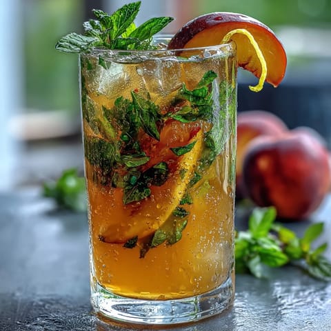 Vibrant Iced Peach Green Tea Lemonade copycat, bright, fruity refreshment in a glass.