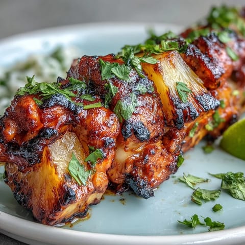 Grilled chicken al pastor skewers with pineapple, smoky and caramelized.