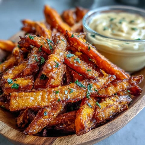 Air Fryer Sweet Potato Fries, perfectly crisp, served with smoky chipotle aioli.