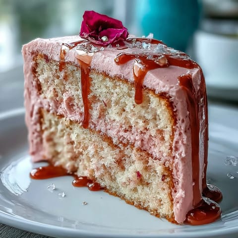 Beautiful pink rosé velvet cake adorned with cascading gold drip, ready for celebration.