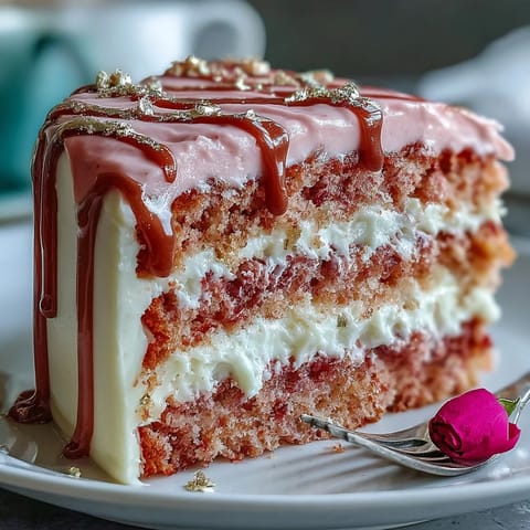 Rosé Velvet Cake with gold drip, perfect for a sophisticated, festive celebration.