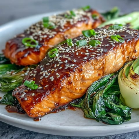 Miso Glazed Salmon with Sesame Bok Choy, glistening and perfectly cooked.