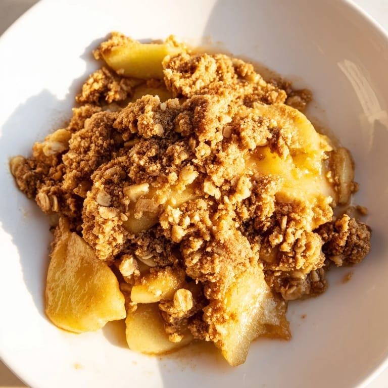 A close-up of a freshly baked Apple Crumble, served warm with vanilla ice cream.
