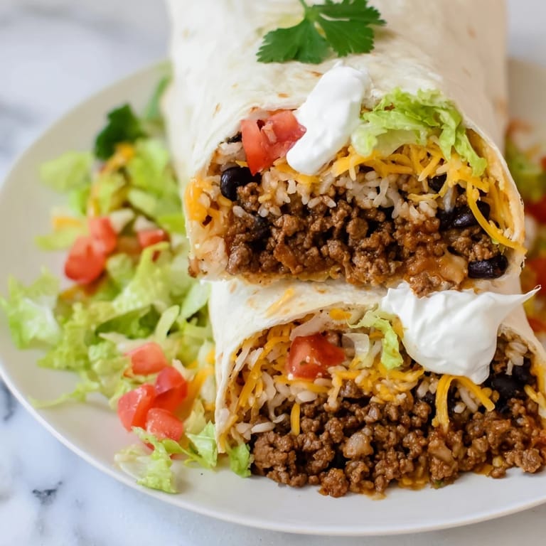 A fully-loaded Beef Burrito, overflowing with savory fillings ready to be devoured for dinner.