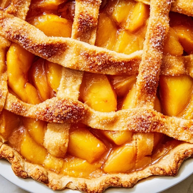 Warm slice of peach pie, served with melting vanilla ice cream, ideal summer dessert!
