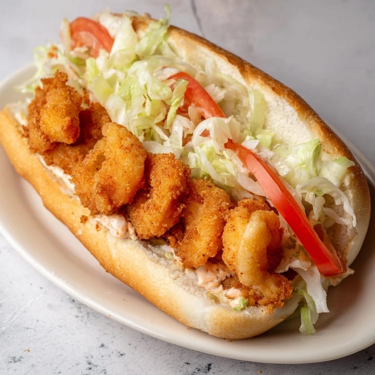 Close-up of a loaded Shrimp Po Boy with crisp lettuce, juicy tomatoes, and creamy mayo.
