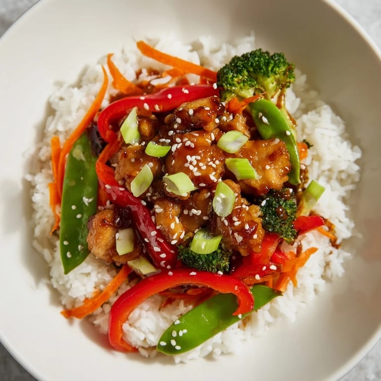 Steaming-hot teriyaki chicken bowl piled high with chicken, crisp vegetables, and a sesame seed garnish.