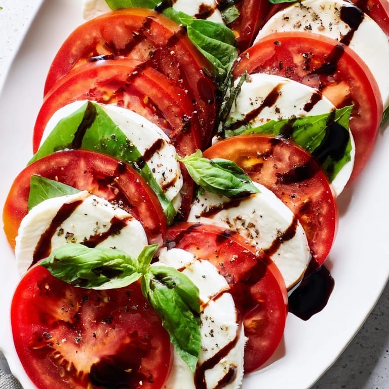 Fresh Caprese Salad featuring bright red tomatoes and basil, ready to be enjoyed as an appetizer.