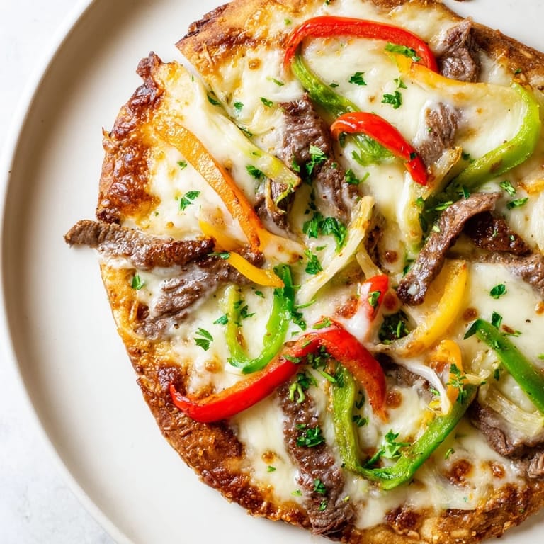 Crisp pizza crust holds savory steak, onions, and peppers in this flavorful Philly cheesesteak pizza.