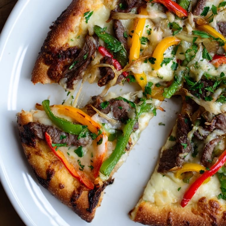 Gooey cheese blankets a vibrant Philly cheesesteak pizza, offering a taste of classic American comfort food.