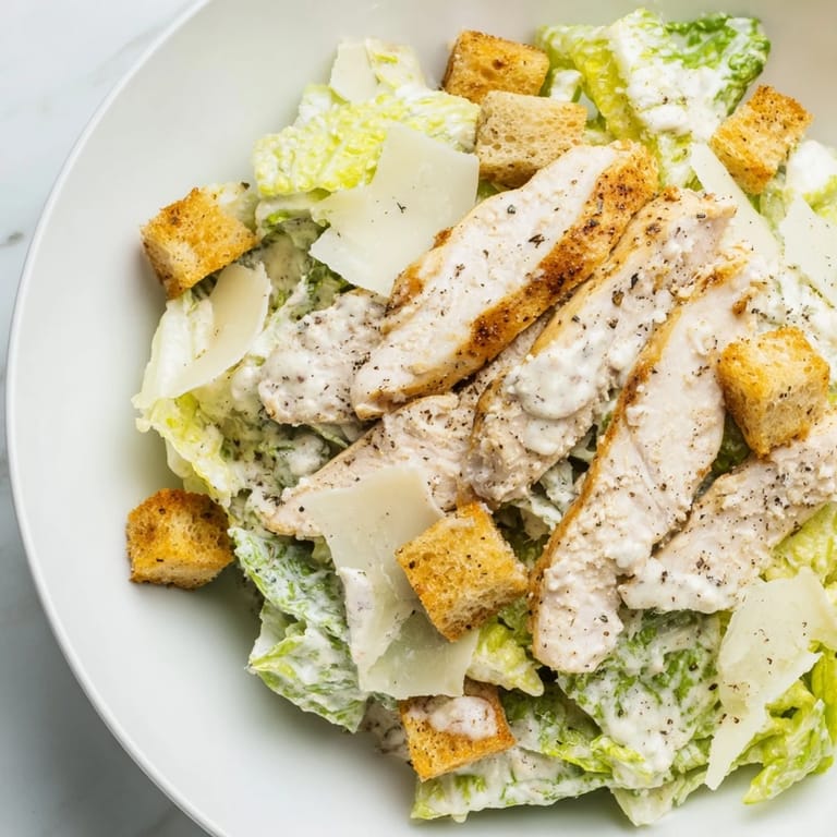 A vibrant Chicken Caesar Salad: crunchy croutons and grilled chicken over fresh romaine.