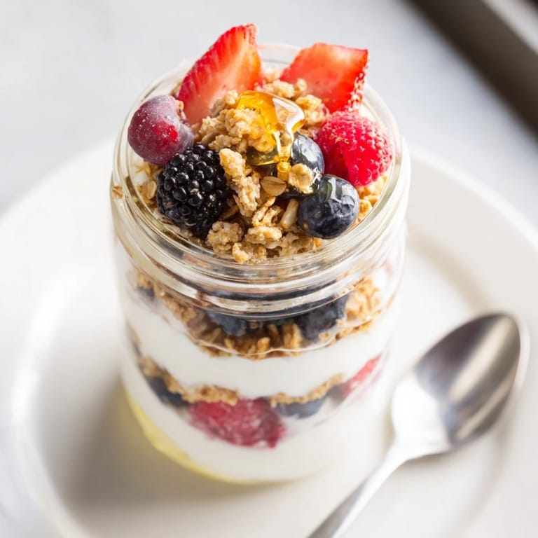 Colorful image of a layered berry parfait, showing creamy yogurt and crunchy granola topped with berries.
