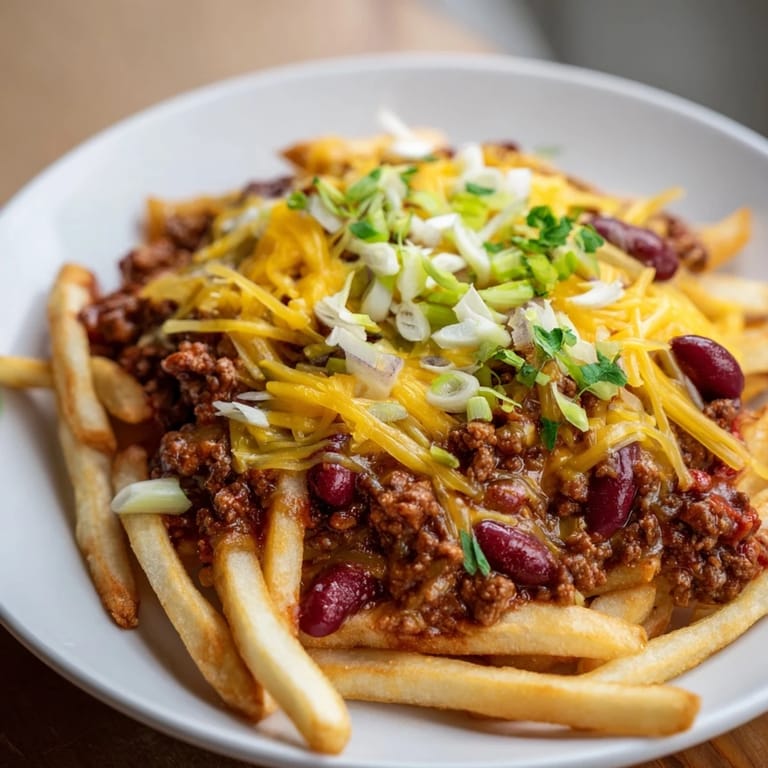 Picture this: steaming, savory Chili Cheese Fries, a perfect game-day snack topped with fresh green onions.