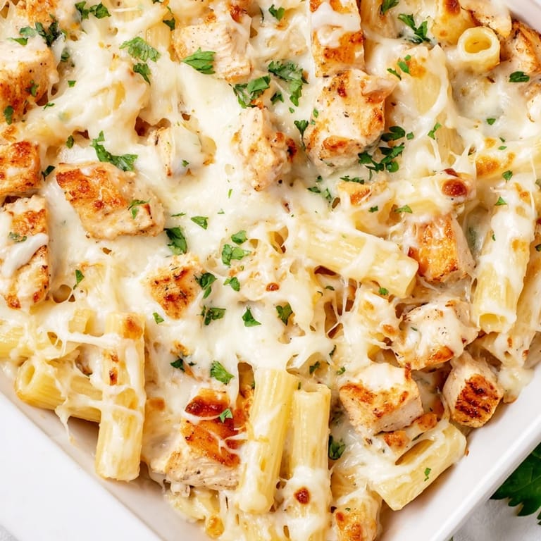 Creamy homemade Alfredo sauce coats the chicken and pasta in this comforting Chicken Alfredo Bake.
