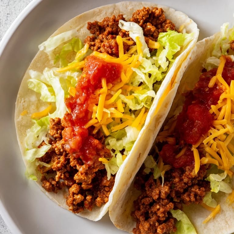 Close-up of fully loaded Beef Tacos, with juicy beef, melted cheese, and fresh, vibrant toppings.