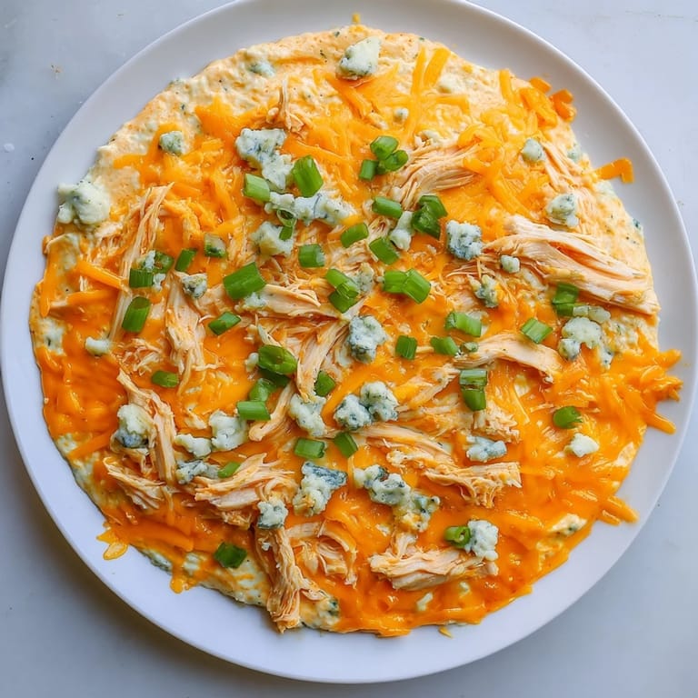 Delicious and spicy Buffalo Chicken Dip, baked to a golden brown and ready for dipping.
