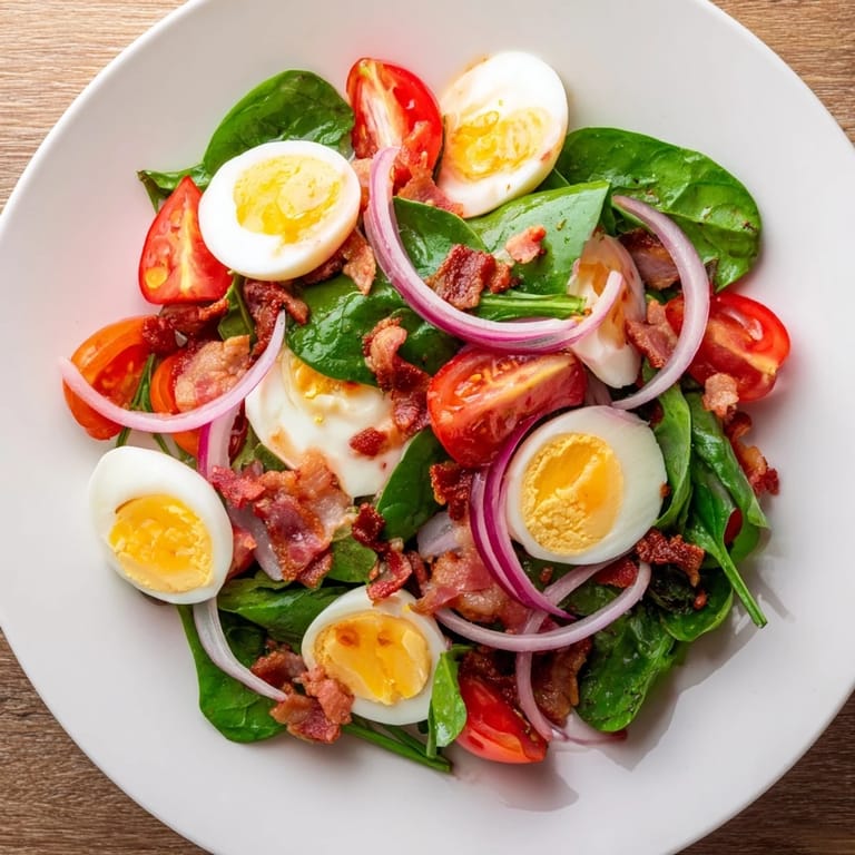 Imagine the savory Spinach Salad with Bacon: crispy bacon, ripe tomatoes, and a tangy dressing.