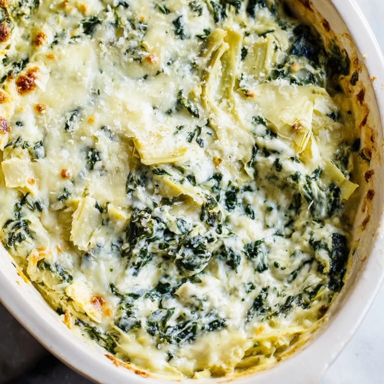 A close-up shot of warm Spinach Artichoke Dip, with melted cheese and artichoke chunks glistening.