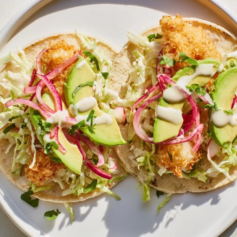 A close-up of crispy Baja fish tacos displaying the flaky fish and creamy lime sauce.