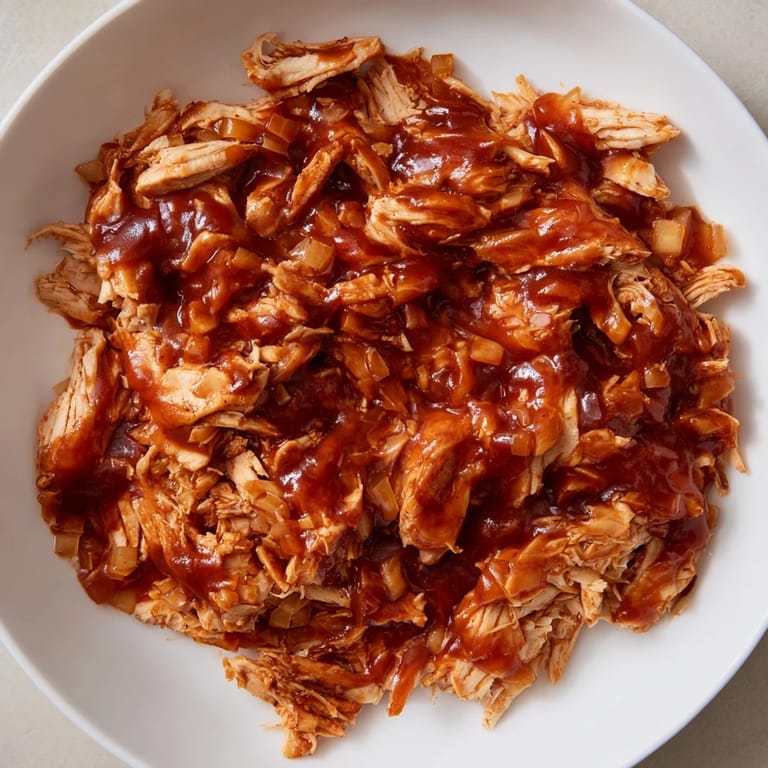 Shredded BBQ pulled chicken glistening in a rich sauce, ideal for sandwich fillings or bowls.