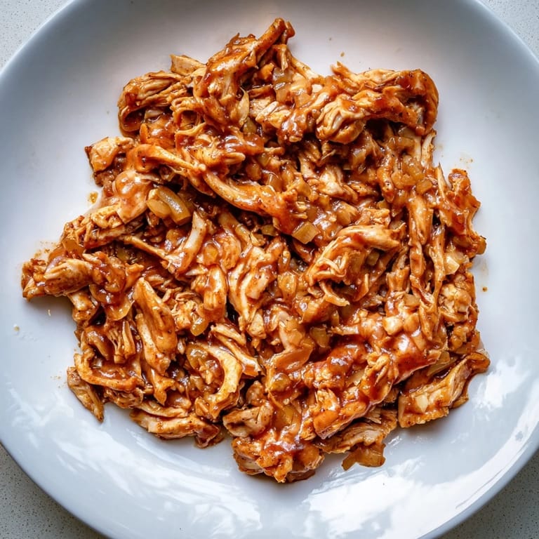 Close-up of a slow-cooked BBQ pulled chicken dish, smoky and delicious, ready to enjoy.