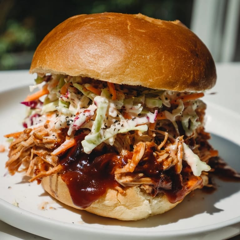 Smoky and flavorful: A loaded BBQ chicken sandwich with slaw nestled on a soft bun.