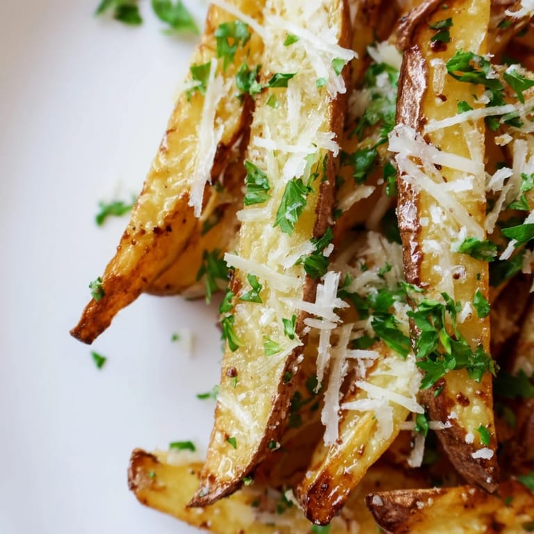 A close-up of crispy Truffle Parmesan Fries tossed with aromatic oil and grated cheese, ready to be enjoyed as a savory snack.