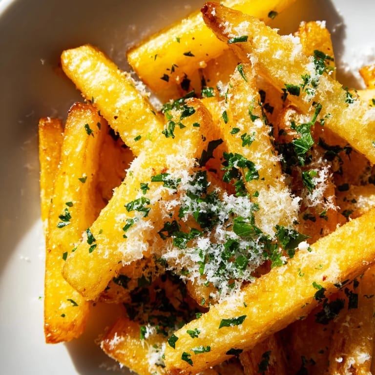 Freshly baked Truffle Parmesan Fries with a golden crunch, topped with melted cheese and parsley, perfect for a side dish or appetizer.