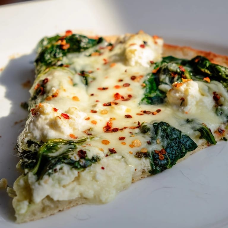 Sliced Spinach Ricotta Pizza on a wooden board, perfect for serving with a crisp green salad for a light vegetarian dinner.