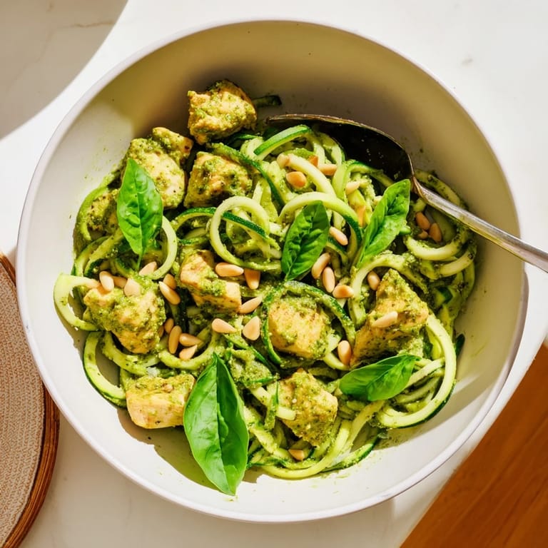 Bright and fresh Pesto Zucchini Chicken Bowl garnished with basil leaves, served as a light, gluten-free Mediterranean main dish.