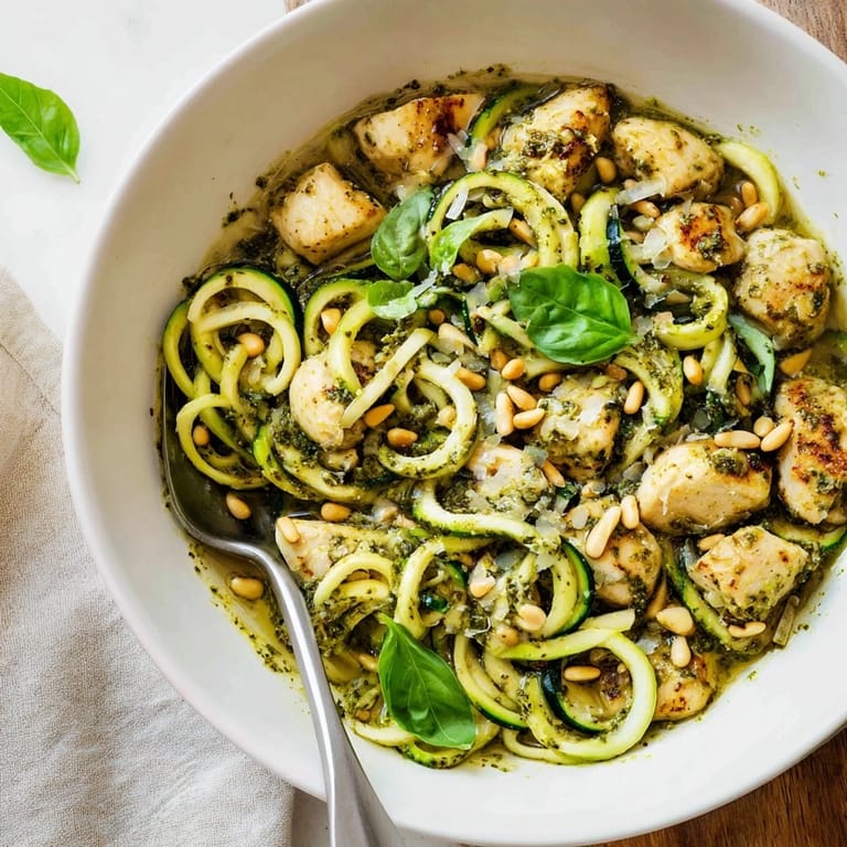 A steaming bowl of Pesto Zucchini Chicken Bowl featuring golden chicken, zesty lemon, and aromatic pesto for a flavorful weeknight meal.