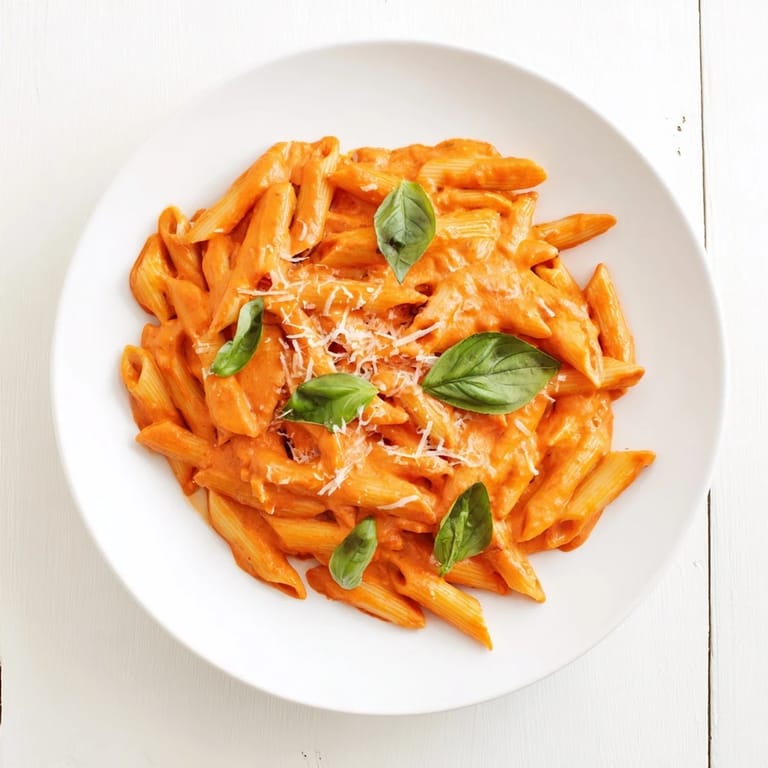 A skillet of freshly made Roasted Red Pepper Pasta, the creamy sauce dotted with olive oil and red pepper flakes, ready to be plated.