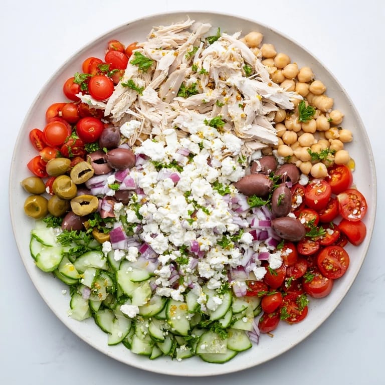 Hearty Mediterranean Chickpea Chicken Salad brimming with tender chicken, chickpeas, cherry tomatoes, and vibrant parsley, lightly dressed with olive oil and lemon for a bright, protein-packed lunch.
