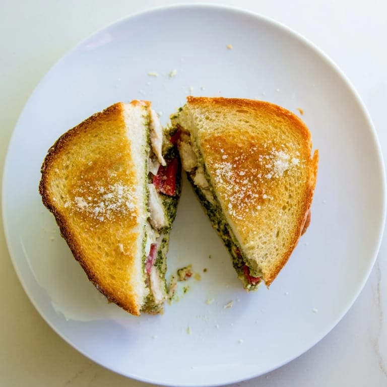 Savory American-Italian fusion Mozzarella Pesto Chicken Grilled Cheese served warm, paired with sparkling water and fresh basil garnish.