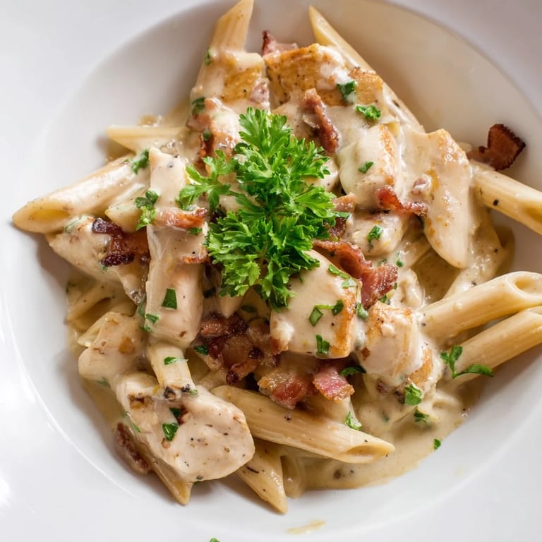 Golden chicken and smoky bacon mixed into Creamy Chicken Bacon Penne, with penne noodles glistening in a rich, velvety sauce.