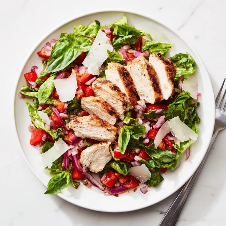 Savory Bruschetta Chicken Salad with grilled chicken, tangy balsamic tomatoes, and fresh basil served on vibrant salad greens.